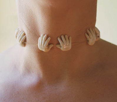 "choker" glass hand necklace on plastic with sterling silver by artist vivienne bell