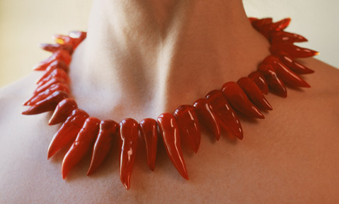 "chili" flame worked glass bead necklace on sterling silver cable by artist vivienne bell 