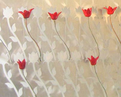 "tulip field" wall sculpture - glass, copper, aluminum, steel, patina - by artist vivienne bell